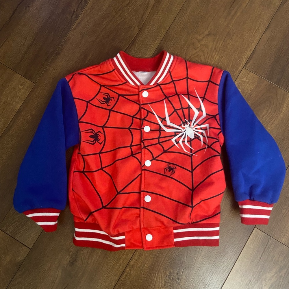 SHEIN Arachnid Hero Varsity Jacket Red Blue White